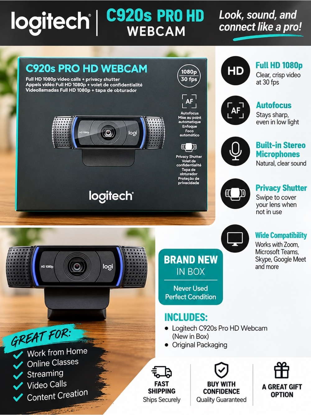 Logitech C920s Pro HD Webcam - Black with Blue Accents